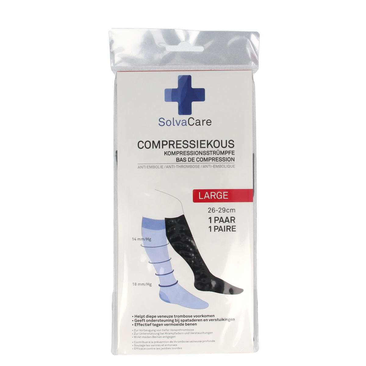 Solvacare compression stockings in black, size L (26-29 cm), pair, designed for leg support and improved circulation.