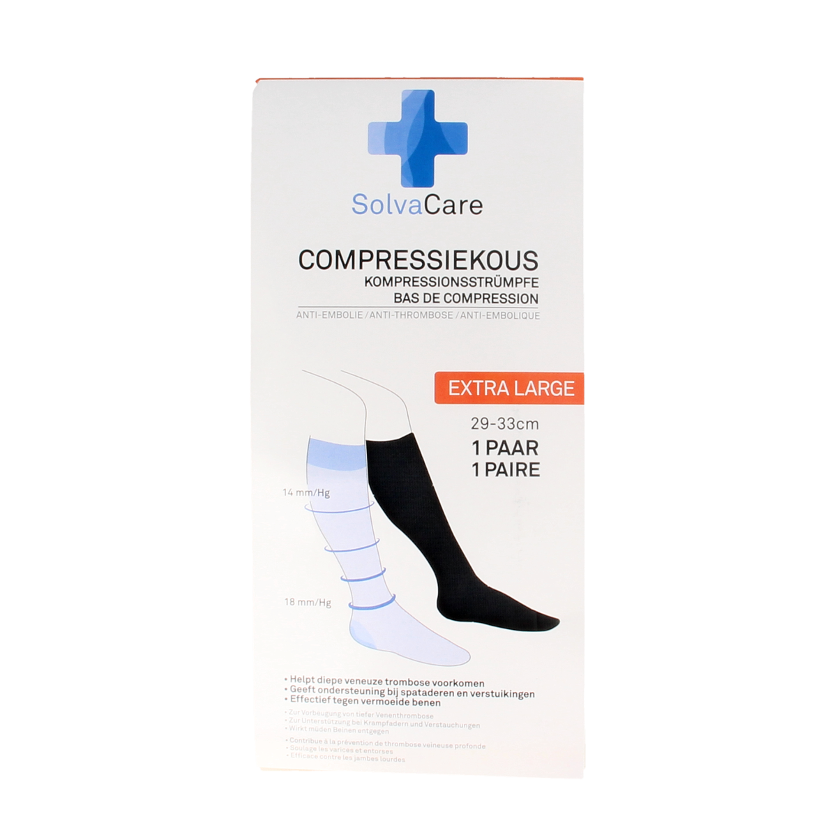 Solvacare zwart compressiekous XL 29-33 cm, bandages for improved leg support, shown in the image.