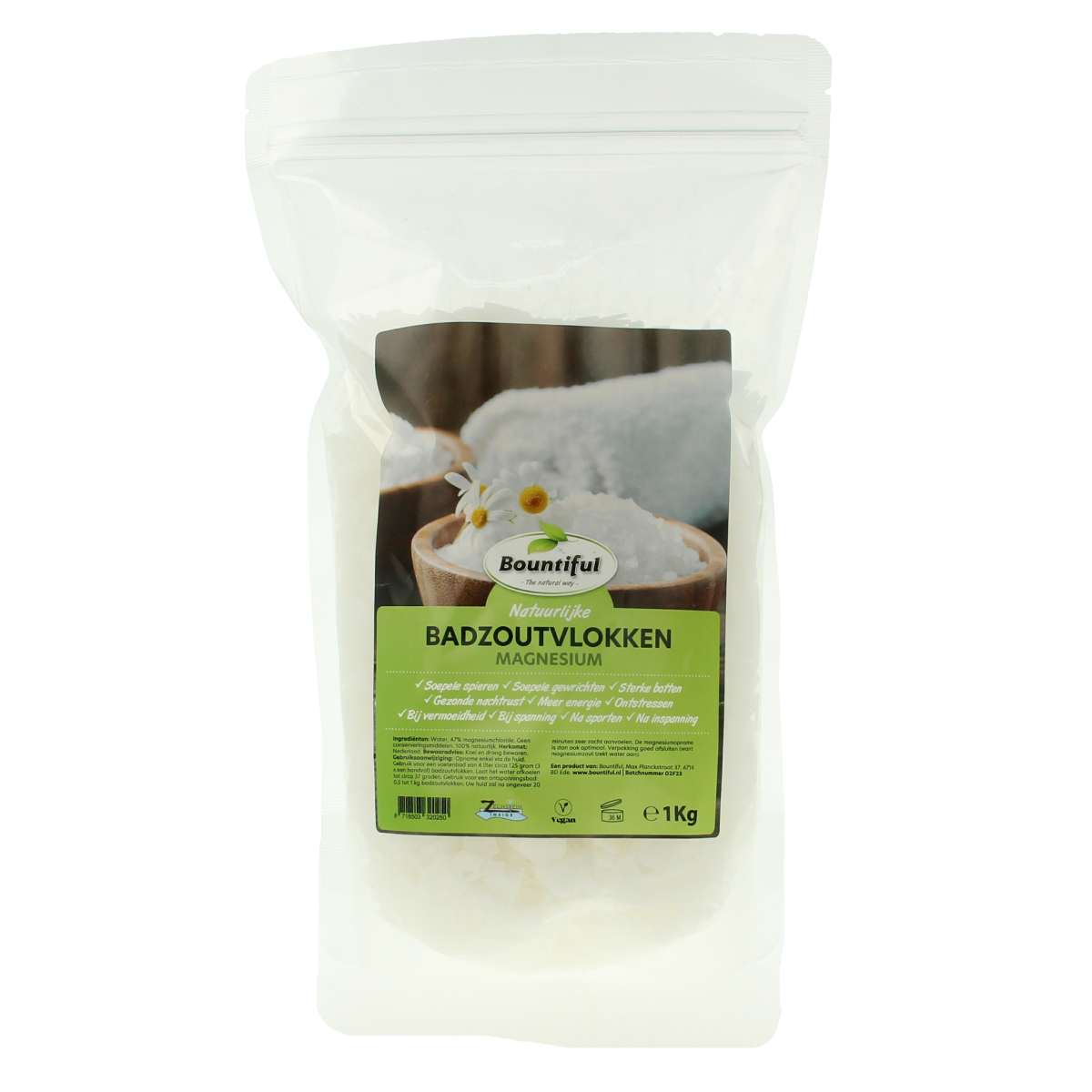Bountiful Magnesium bath salt flakes Zechstein 1000g for relaxing bath and shower, showing magnesium flakes in a container