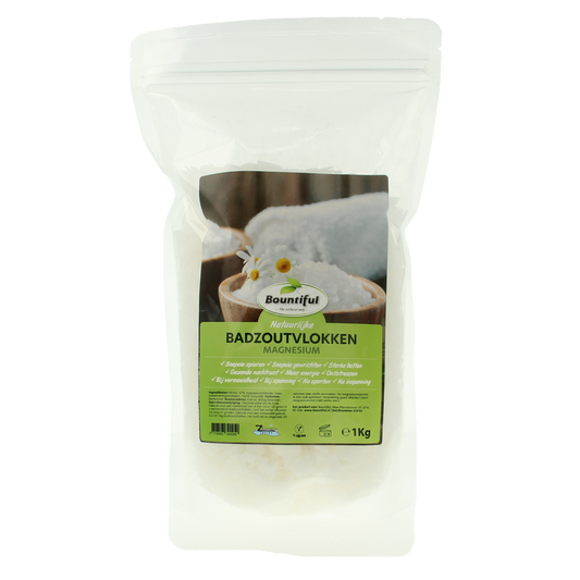Bountiful Magnesium bath salt flakes Zechstein 1000g for relaxing bath and shower, showing magnesium flakes in a container