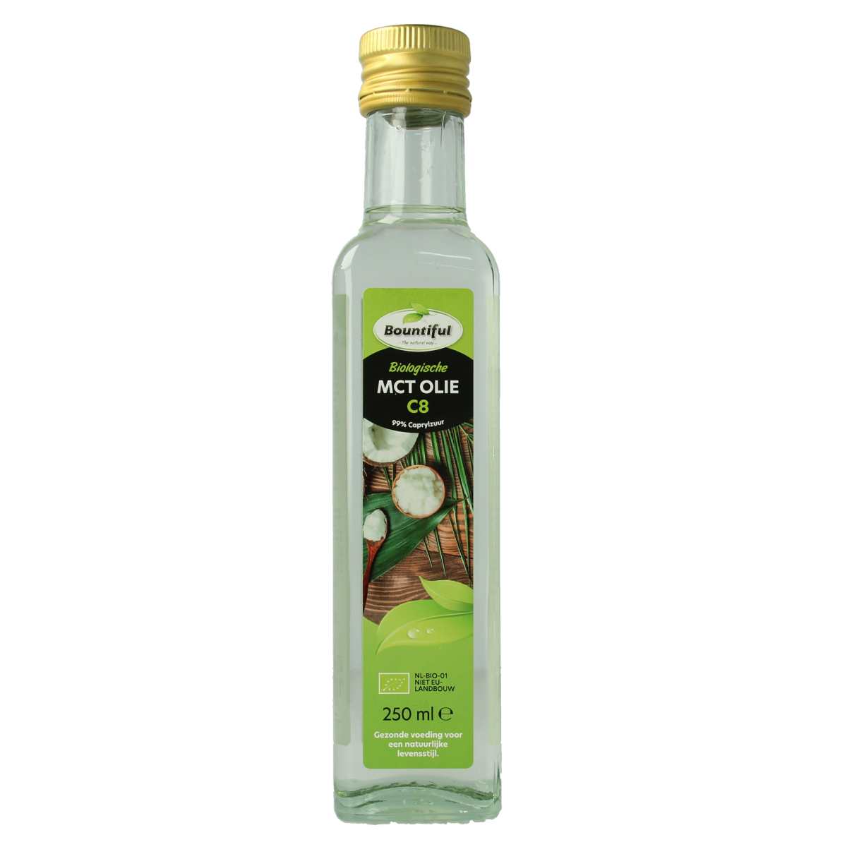 Bountiful Bountiful MCT Oil coconut pure, 99% caprylic bio, 250ml bottle showing clear liquid and label.