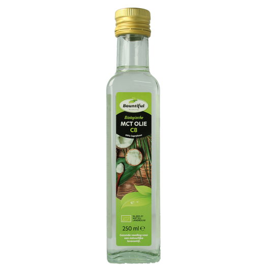Bountiful Bountiful MCT Oil coconut pure, 99% caprylic bio, 250ml bottle showing clear liquid and label.