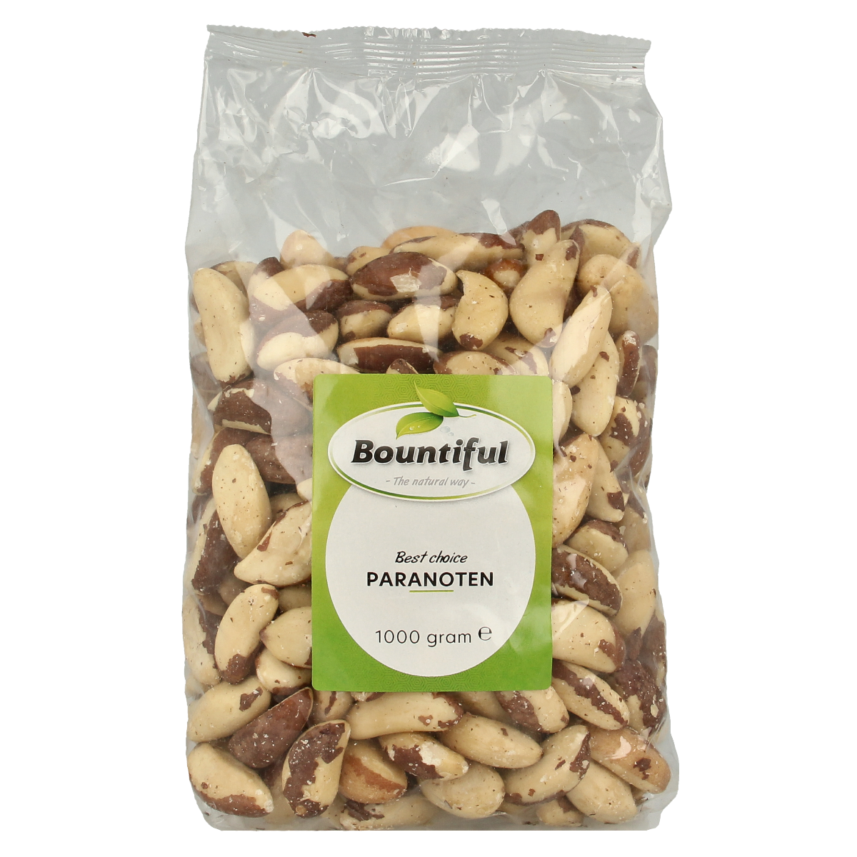 Bountiful Paranoten snack bag, 1000 grams, showing roasted and salted peanuts in a clear package from Bountiful.