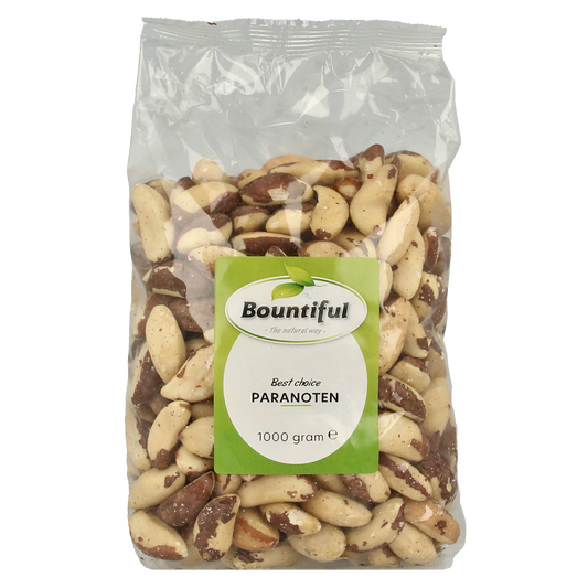 Bountiful Paranoten snack bag, 1000 grams, showing roasted and salted peanuts in a clear package from Bountiful.
