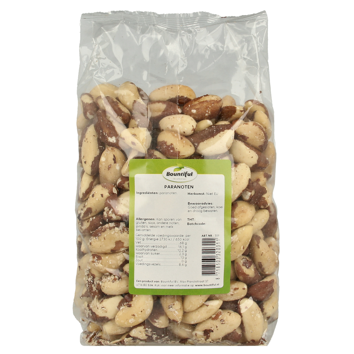 Bountiful Paranoten snack bag, 1000 grams, featuring roasted and salted peanuts in a clear plastic package.