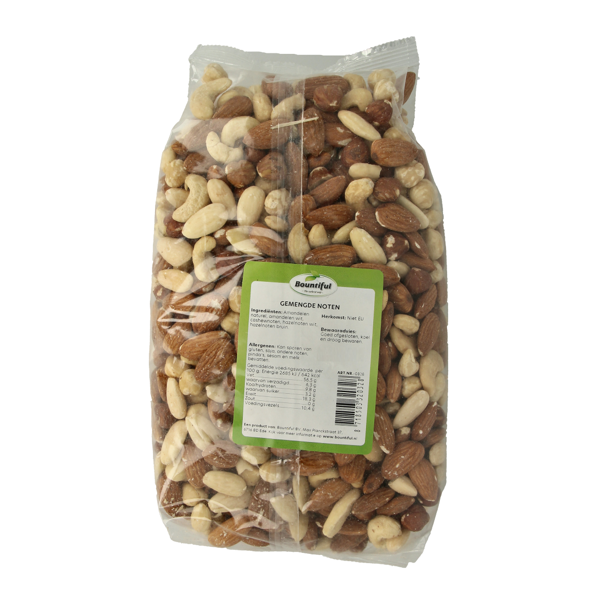 Bountiful Gemengde noten in 1000g bag, mixed nuts snack with almonds, cashews, and walnuts, in a clear bag.