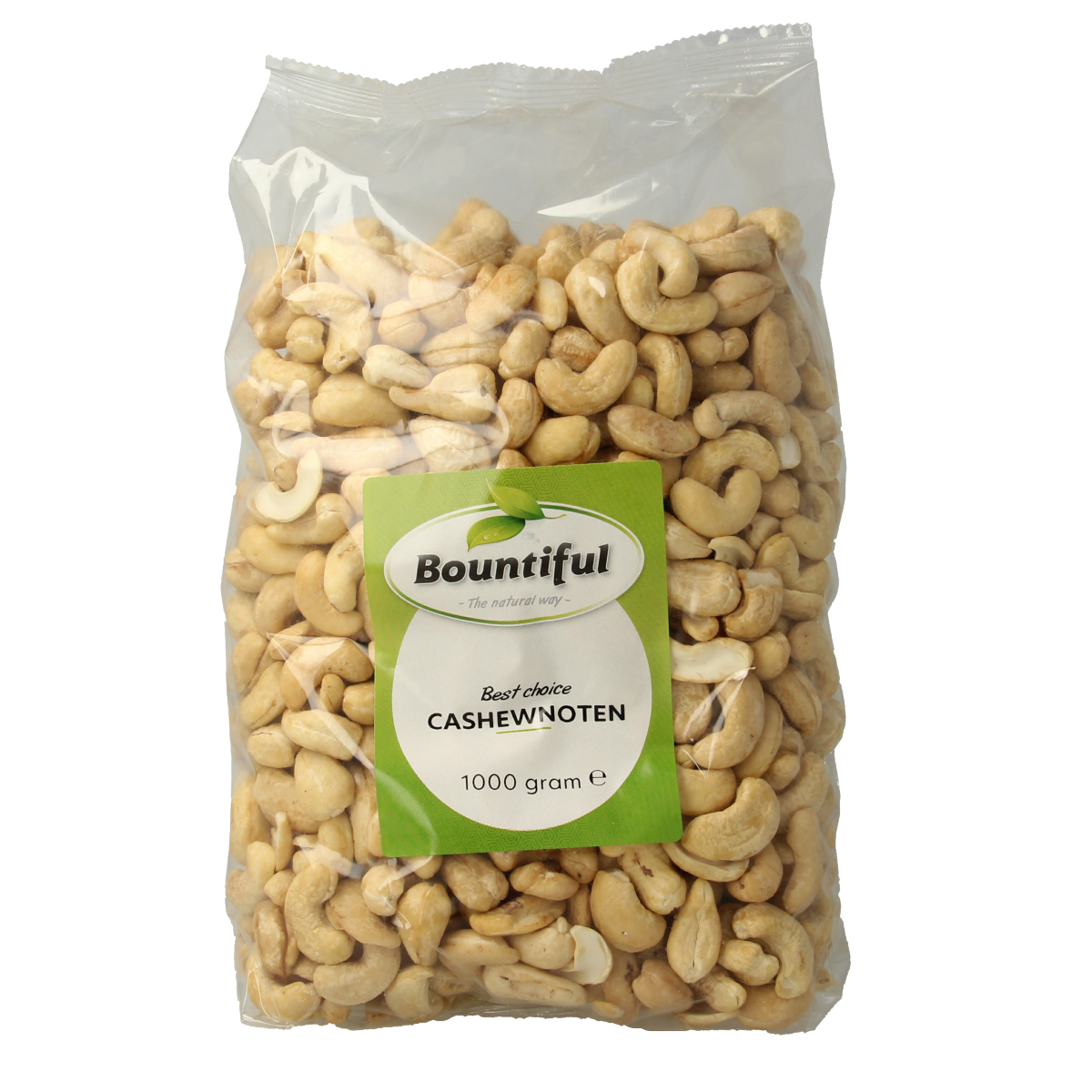 Bountiful Bountiful Cashewnoten snack in 1000g pack, showing fresh, roasted cashew nuts in their natural shell and texture.