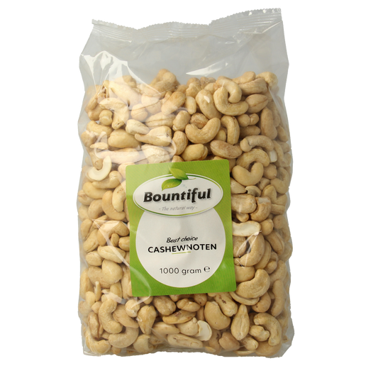 Bountiful Cashew Nuts in 1000g pack, a healthy snack with roasted, salted cashews in a clear bag.