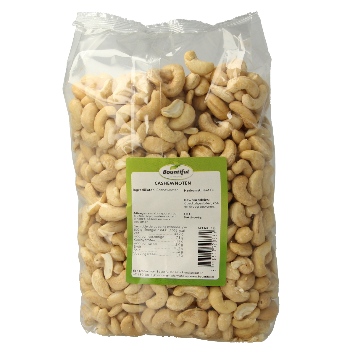 Bountiful Bountiful Cashewnoten snack pack, 1000g, showing golden roasted cashew nuts on a white background.