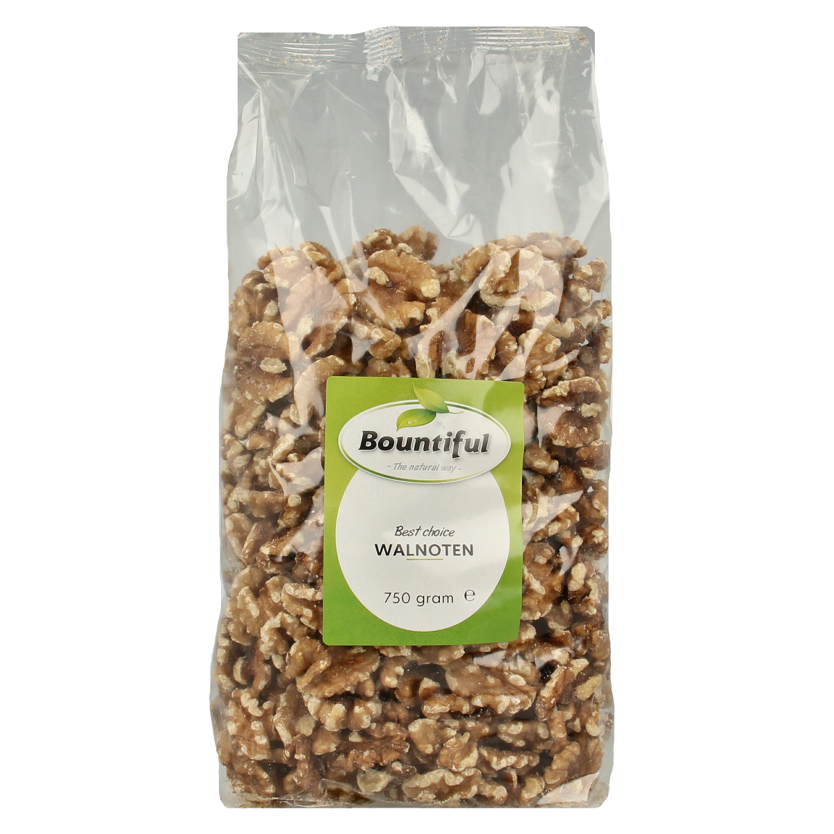 Bountiful Bountiful Walnoten 750g snack pack featuring fresh, shelled walnuts in a clear resealable bag.
