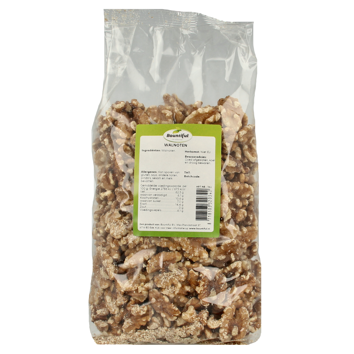 Bountiful Walnoten 750g snack pack featuring fresh, crunchy walnuts in a clear package, ideal for healthy snacking.