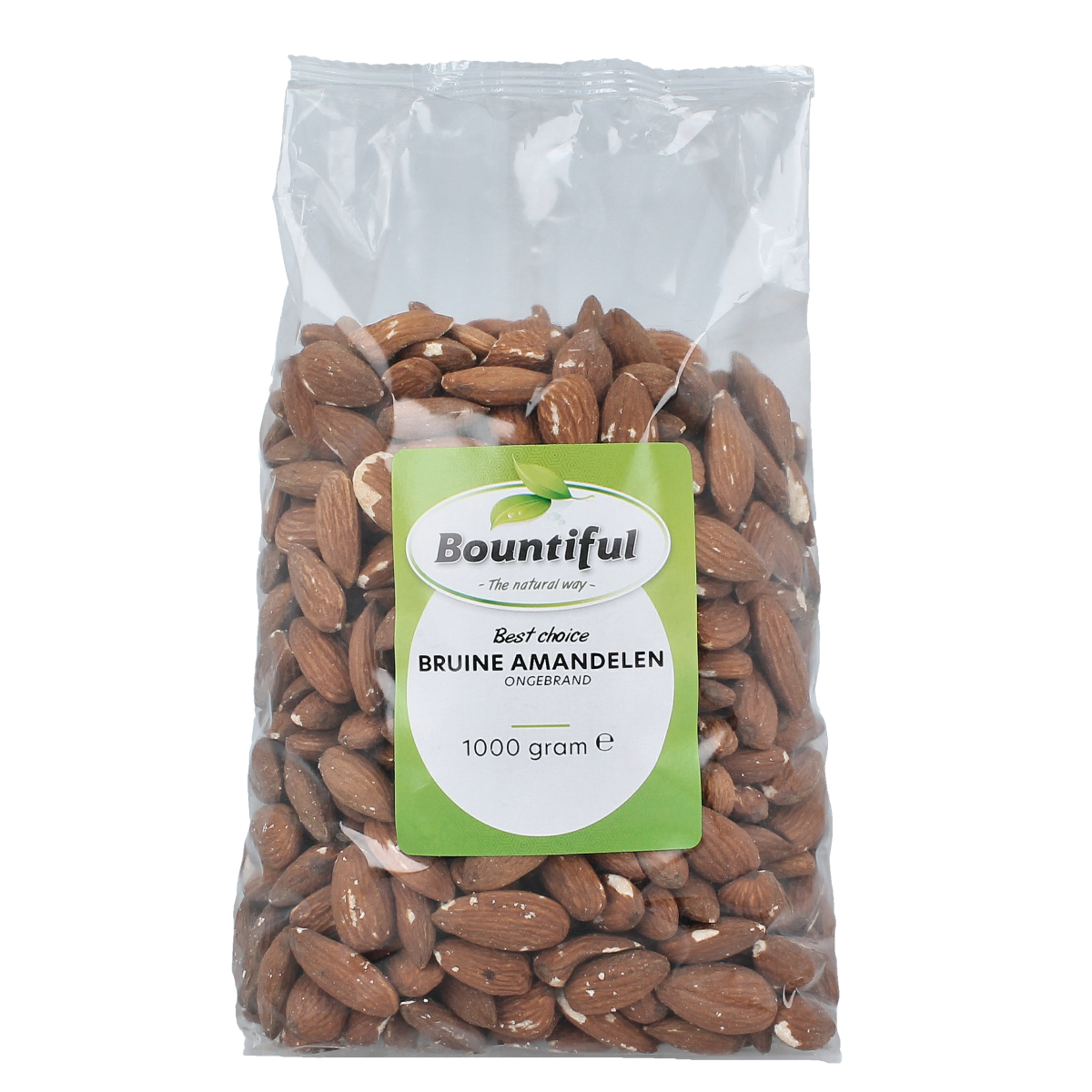 Bountiful Bountiful Bruine Amandelen, 1000g, healthy snack with roasted brown almonds in a clear bowl.