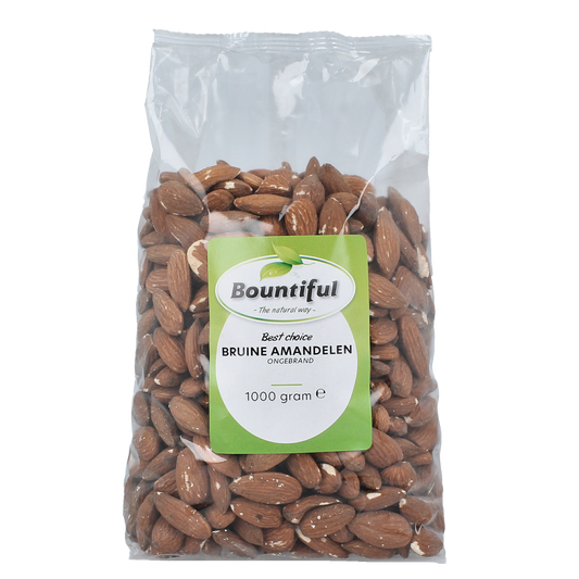 Bountiful Bountiful Bruine Amandelen, 1000g, healthy snack with roasted brown almonds in a clear bowl.