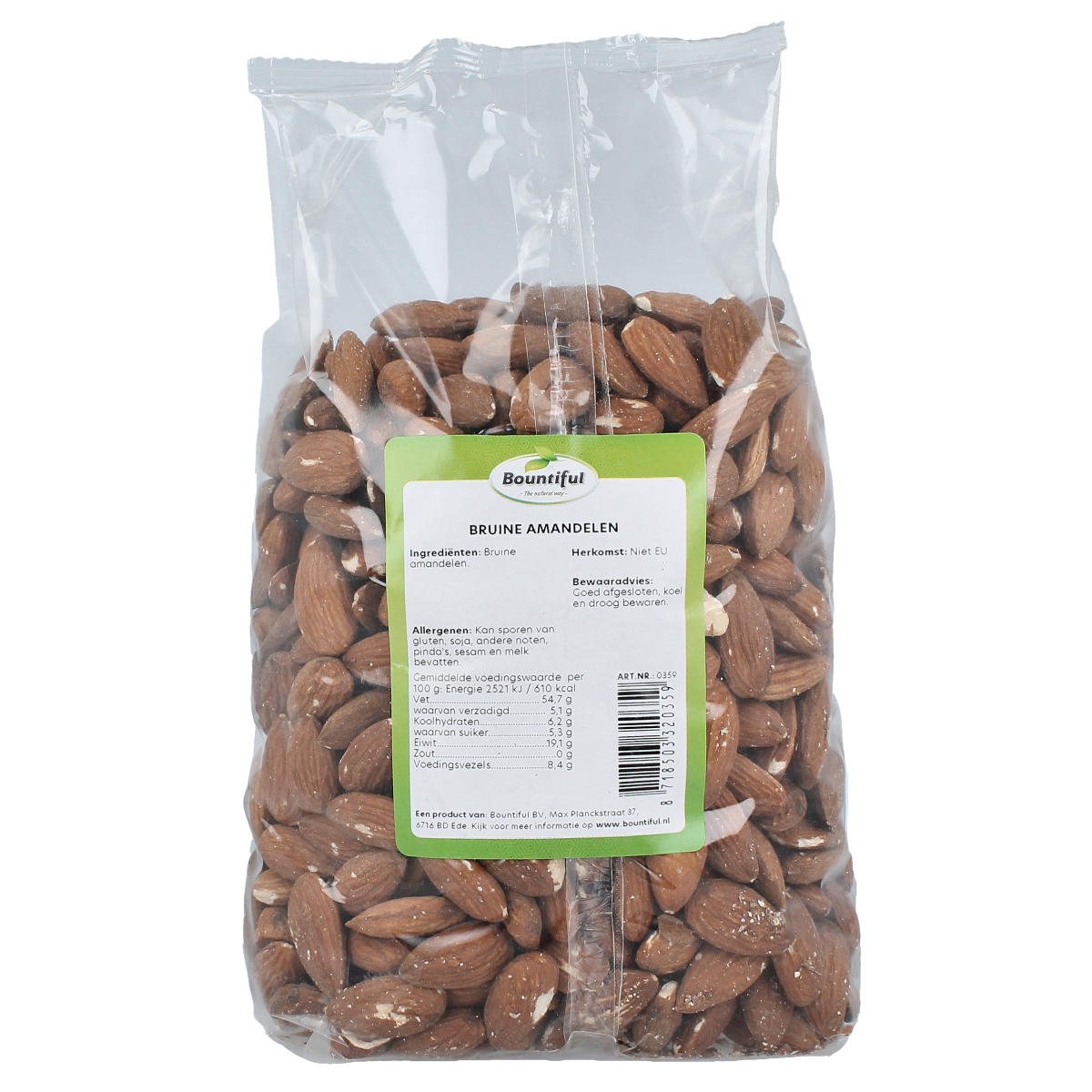 Bountiful Bountiful Bruine Amandelen (1000g) in a clear bowl, showing crunchy brown almonds as healthy snack options.