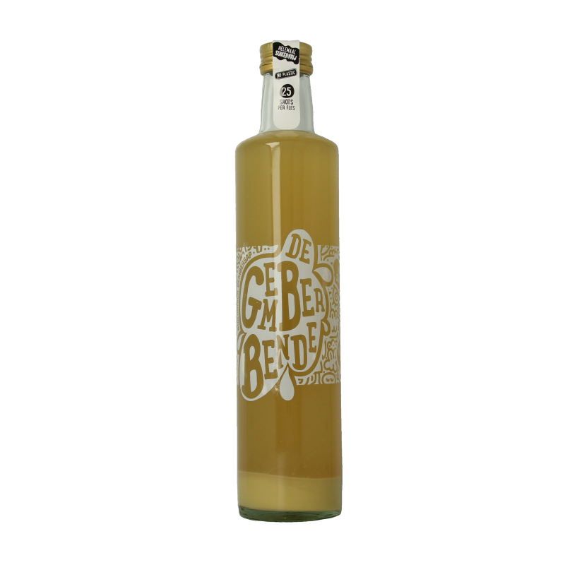Vitiv De Gemberbende organic ginger juice bottle, 500ml, showing the label and clear glass container with ginger root images.