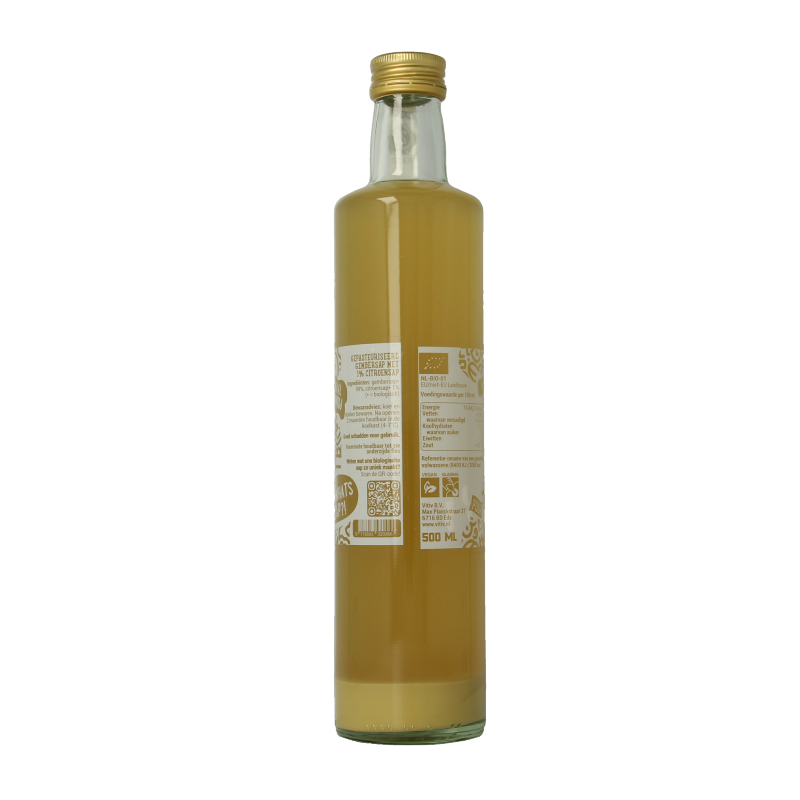 Vitiv De Gemberbende gembersap puur en suikervrij bio in 500ml fles, organic ginger juice without added sugar.