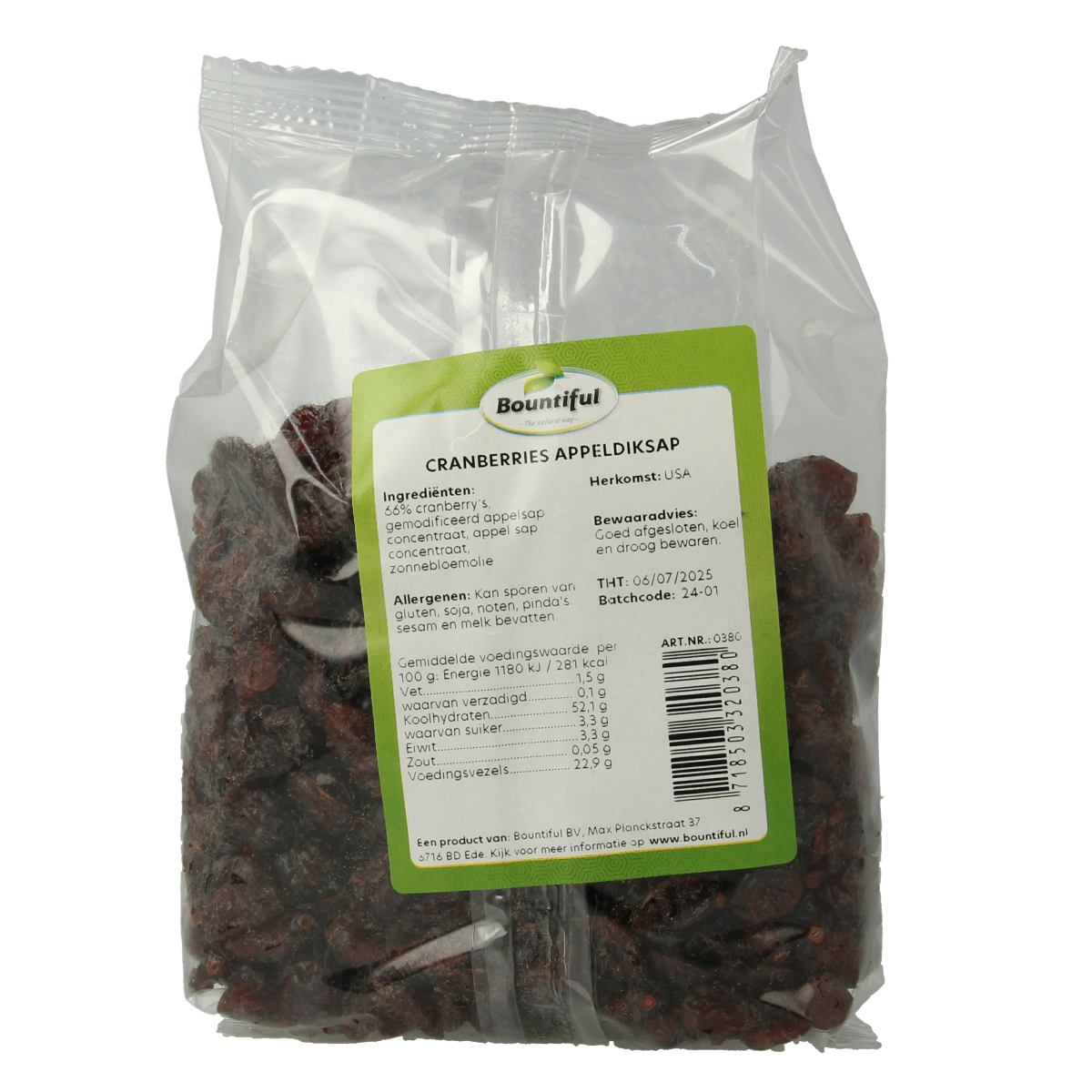 Bountiful Cranberries appeldiksap 400g in a clear bottle, showcasing fresh cranberries and apple juice from Bountiful.