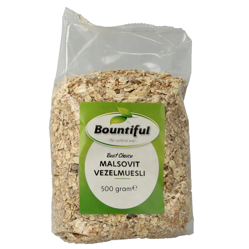 Bountiful Bountiful Muesli malsovit ontbijtgranen in 500g package, with a bowl of muesli and fresh fruits on the side