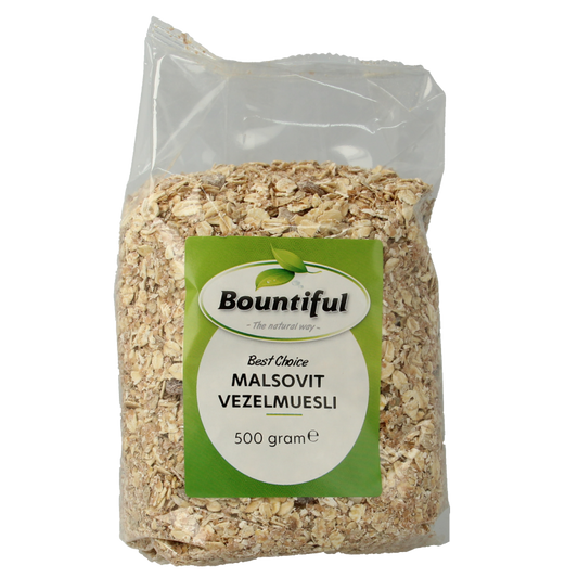 Bountiful Bountiful Muesli malsovit ontbijtgranen in 500g package, with a bowl of muesli and fresh fruits on the side