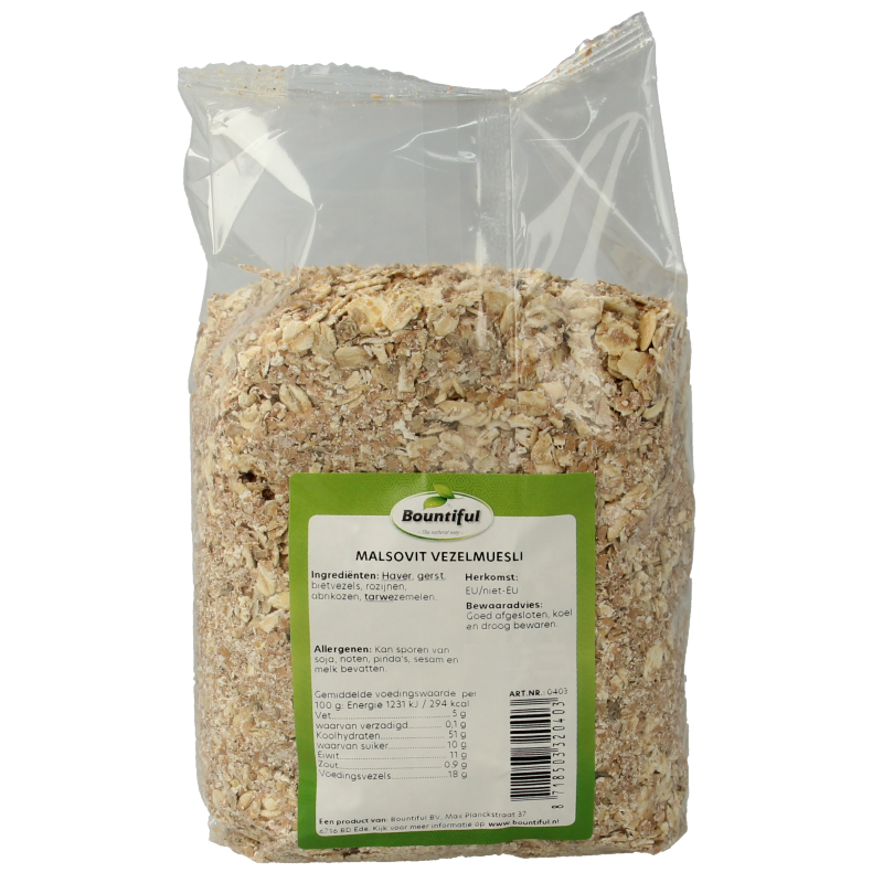 Bountiful Bountiful Muesli malsovit breakfast cereal in a 500g package with visible grains and dried fruits