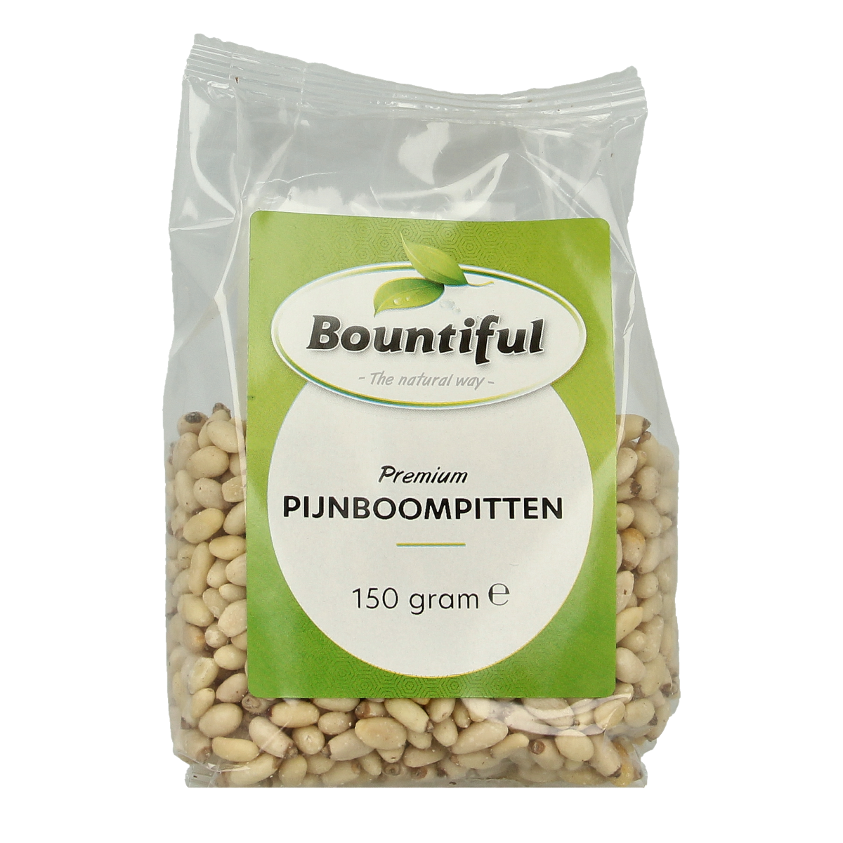Raw Bountiful Pijnboompitten in a 150g package, a nutritious superfood illustration showing natural pine nuts.