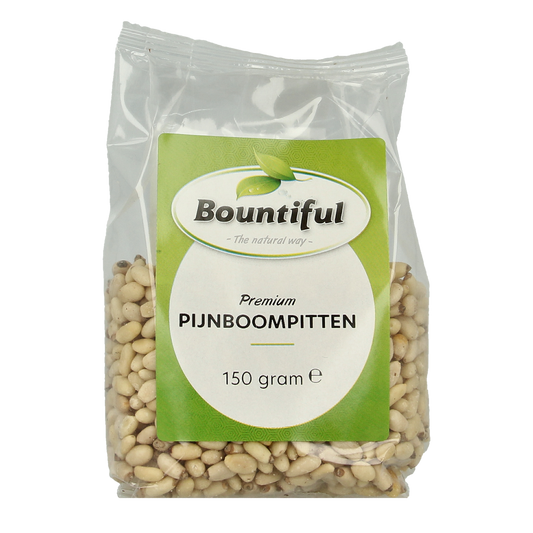 Raw Bountiful Pijnboompitten in a 150g package, a nutritious superfood illustration showing natural pine nuts.