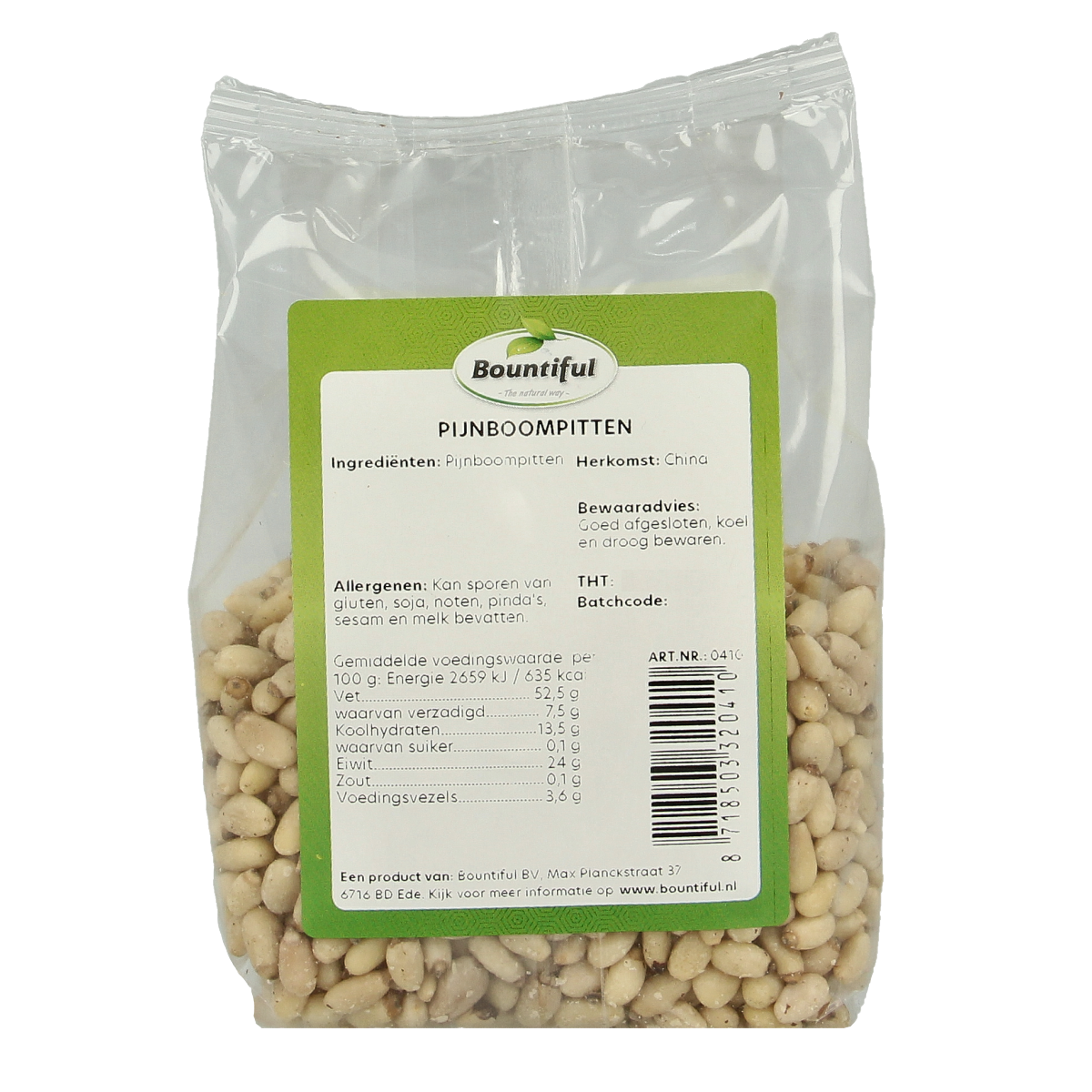 Raw Bountiful Pijnboompitten (pine nuts) in 150g package, natural superfood source, shown in the product image.
