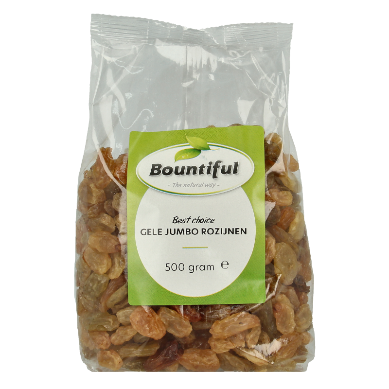 Bountiful jumbo rozijnen in 500g package, close-up of golden dried grapes on a white background.