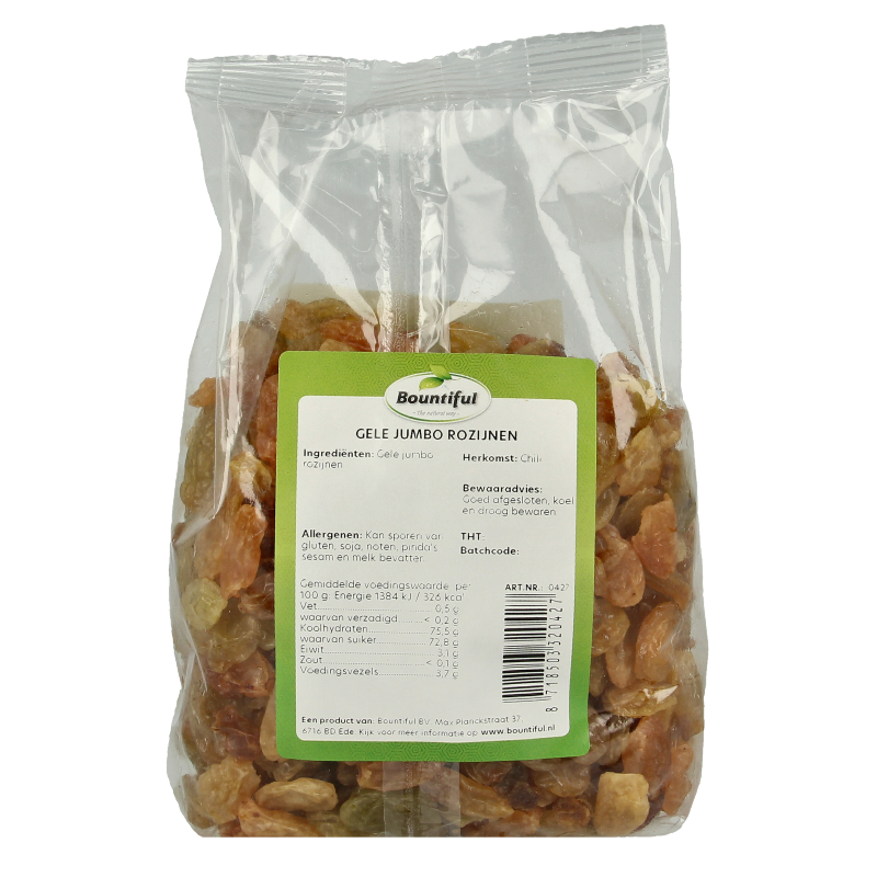 Bountiful Jumbo Rozijnen 500g, dried golden raisins in a clear plastic bag, showcasing plump, golden dried fruit.