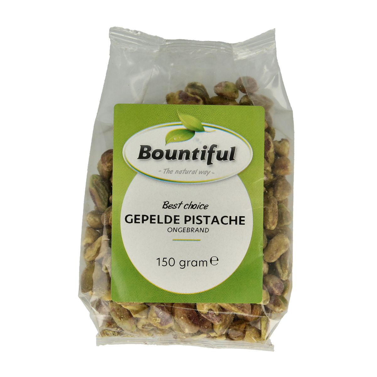Bountiful Bountiful Pistache gepeld, 150g, shelled pistachio nuts in a clear bowl on a white background.