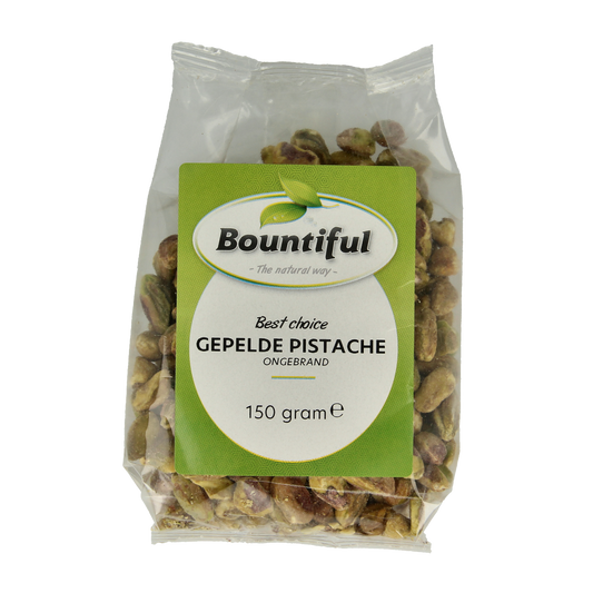 Bountiful Bountiful Pistache gepeld, 150g, shelled pistachio nuts in a clear bowl on a white background.