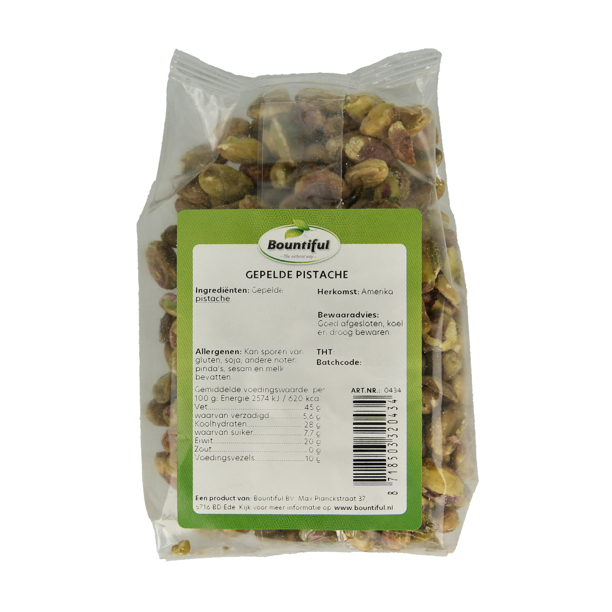 Bountiful Bountiful Pistache gepeld, 150g, shelled pistachio nuts in a clear container, healthy snack option