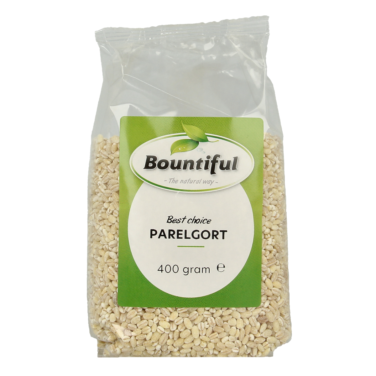 Bountiful Parelgort ontbijtgranen in 400g package, close-up of the Bountiful brand label and fresh granola grains