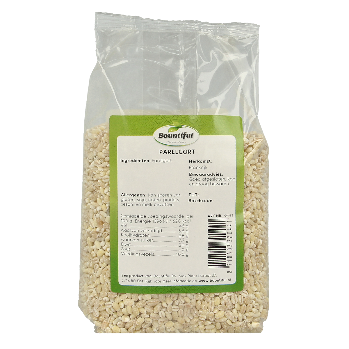 Bountiful Bountiful Parelgort ontbijtgranen in 400g package, close-up of the oat flakes in a clear bowl.