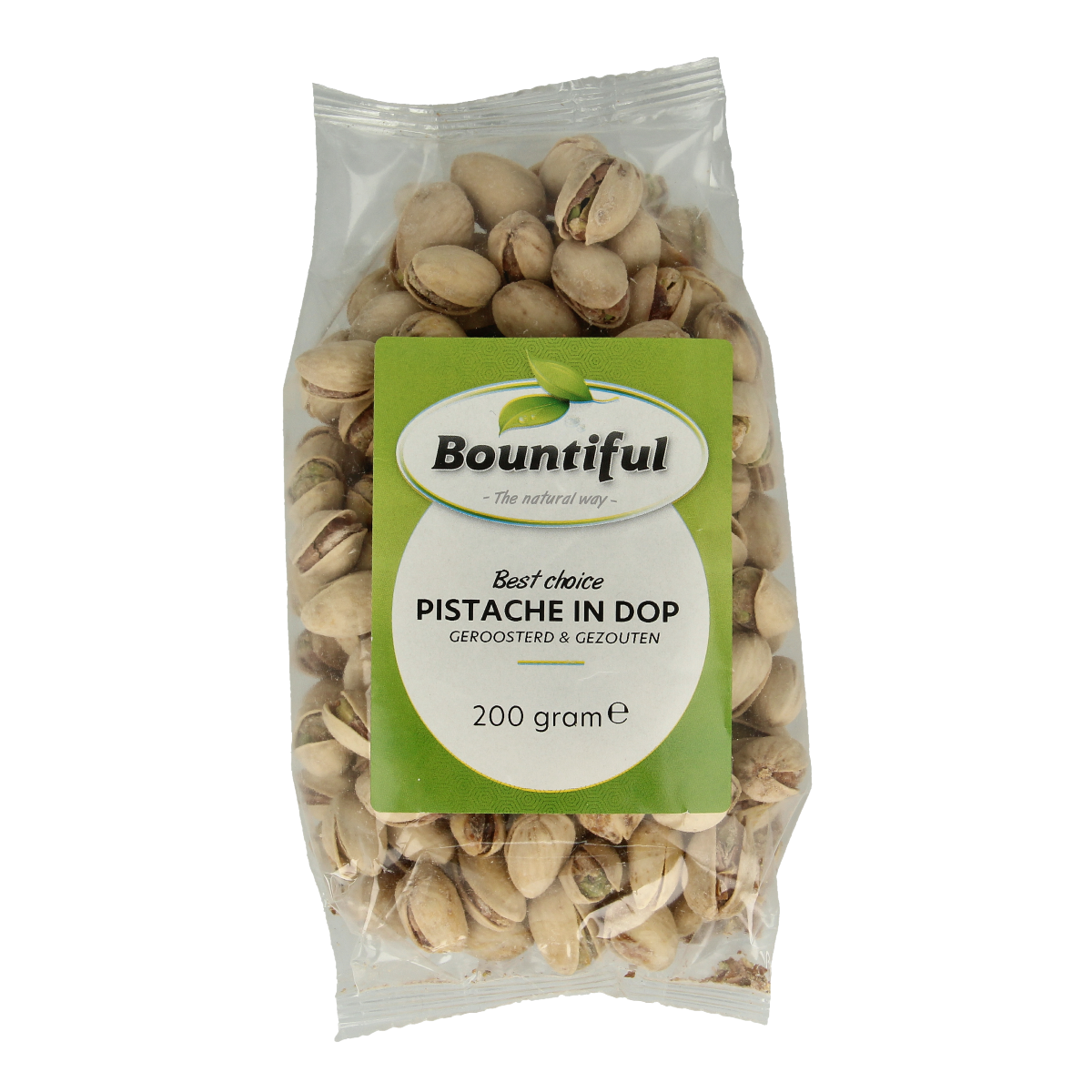 Bountiful Bountiful Pistache in dop geroosterd en gezouten, 200g snack with roasted, salted pistachios in a clear bowl.