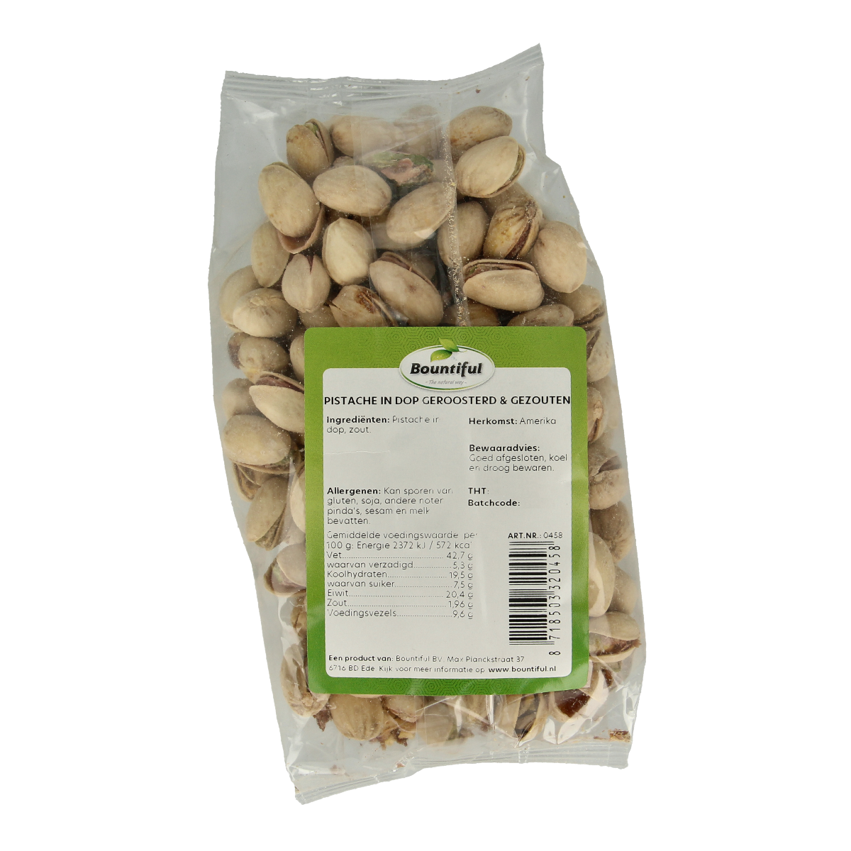 Bountiful Bountiful Pistache in dop geroosterd en gezouten 200g snack, shelled roasted and salted pistachios in a clear container