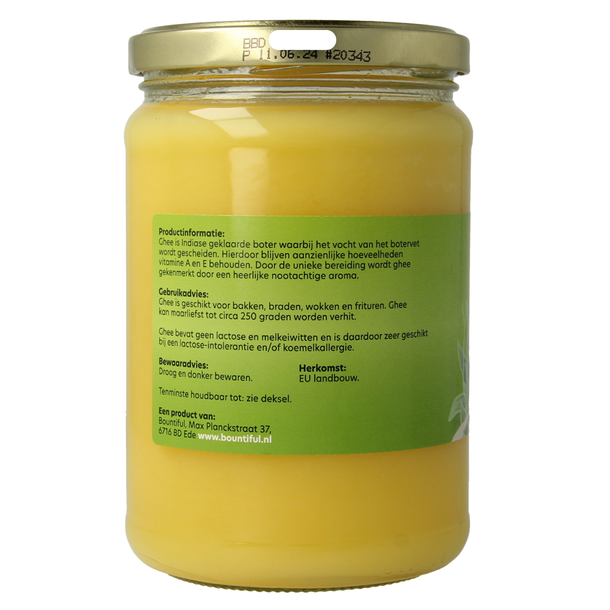 Bountiful Boter Bio ghee 500g jar, organic clarified butter with a smooth texture and golden color.