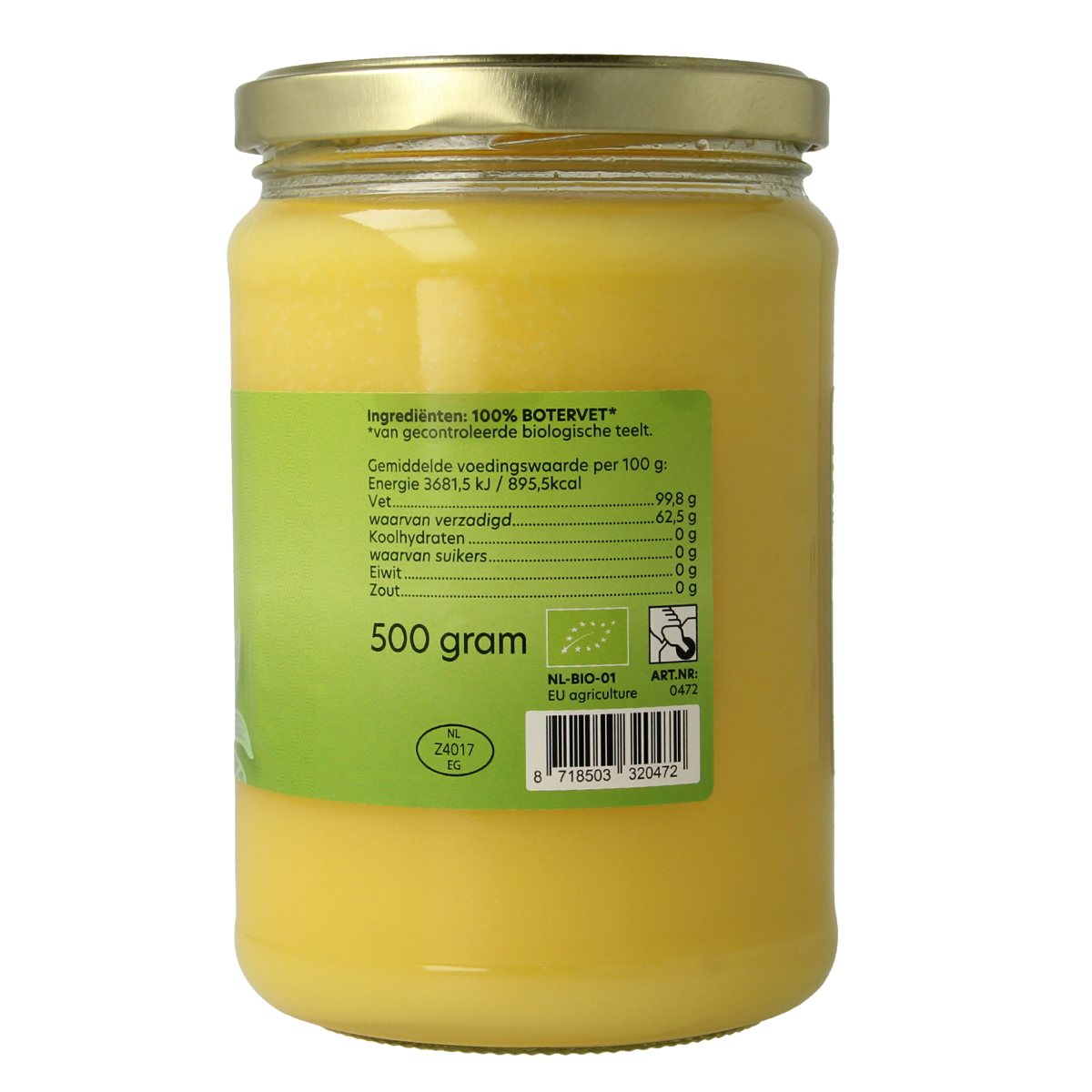 Bountiful Bio Ghee butter in 500g jar, showing the creamy golden ghee in a glass container, labeled with brand and product details.