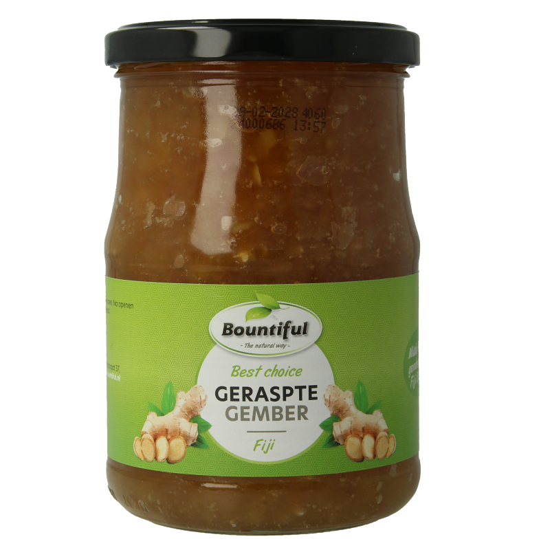 Bountiful Fiji grated ginger in a 720g jar, used as a sauce or flavoring, with fresh ginger pieces visible in the image.