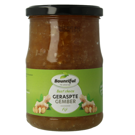 Bountiful Fiji grated ginger in a 720g jar, used as a sauce or flavoring, with fresh ginger pieces visible in the image.