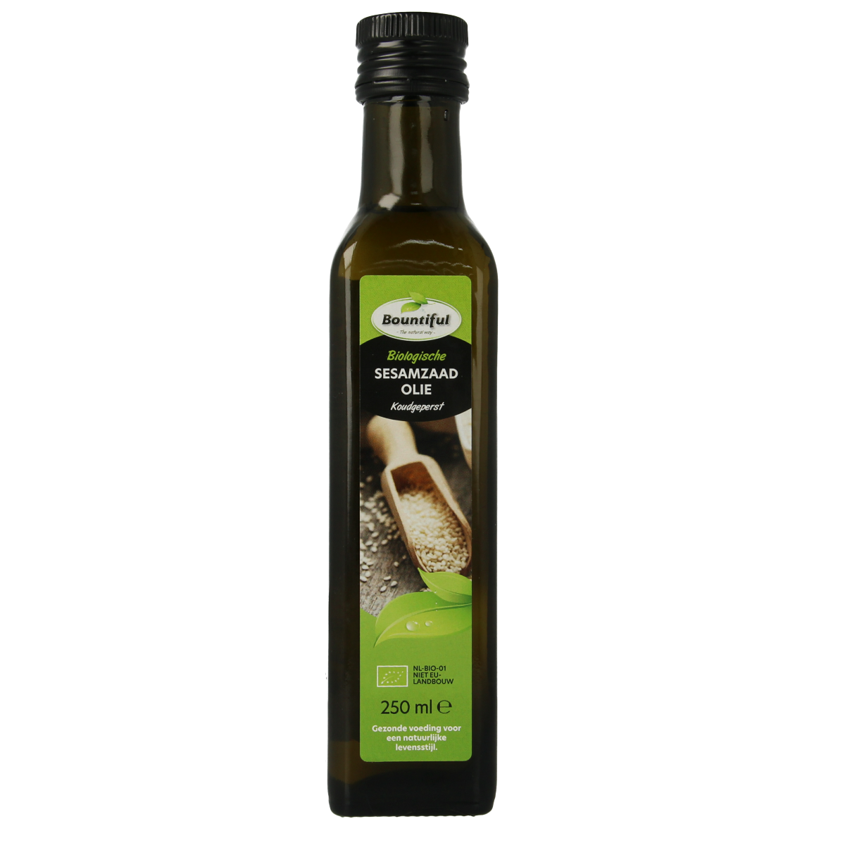 Bountiful organic sesame seed oil bottle for cooking and table use, 250ml, with a clear label and dark glass bottle.