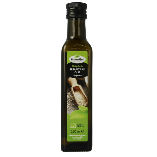 Bountiful organic sesame seed oil bottle for cooking and table use, 250ml, with a clear label and dark glass bottle.