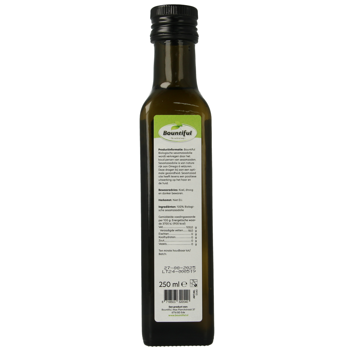 Bountiful organic sesame oil in a 250ml bottle, ideal for cooking and table use, with a clear label and golden color.