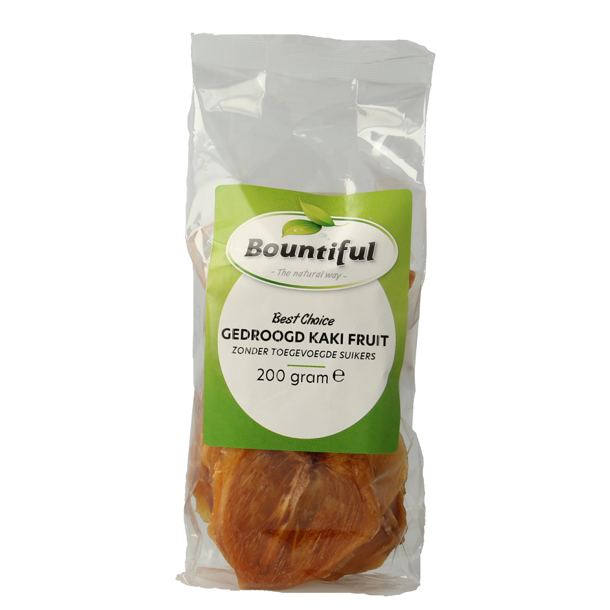Bountiful dried sugar-free kaki fruit in a 200g package, showcasing vibrant orange slices on a white background.
