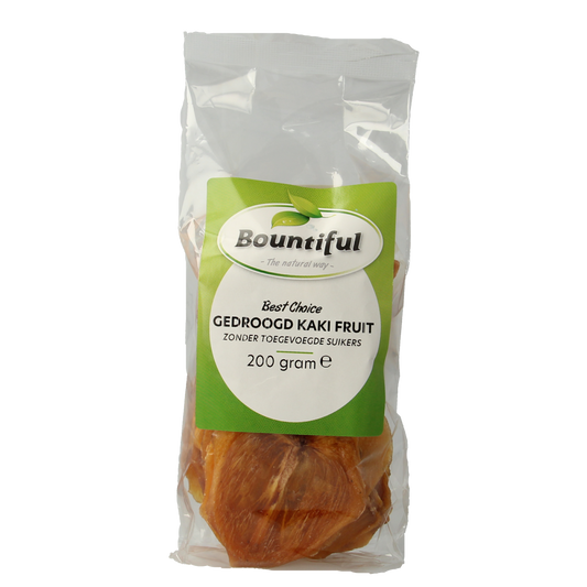Bountiful dried sugar-free kaki fruit in a 200g package, showcasing vibrant orange slices on a white background.