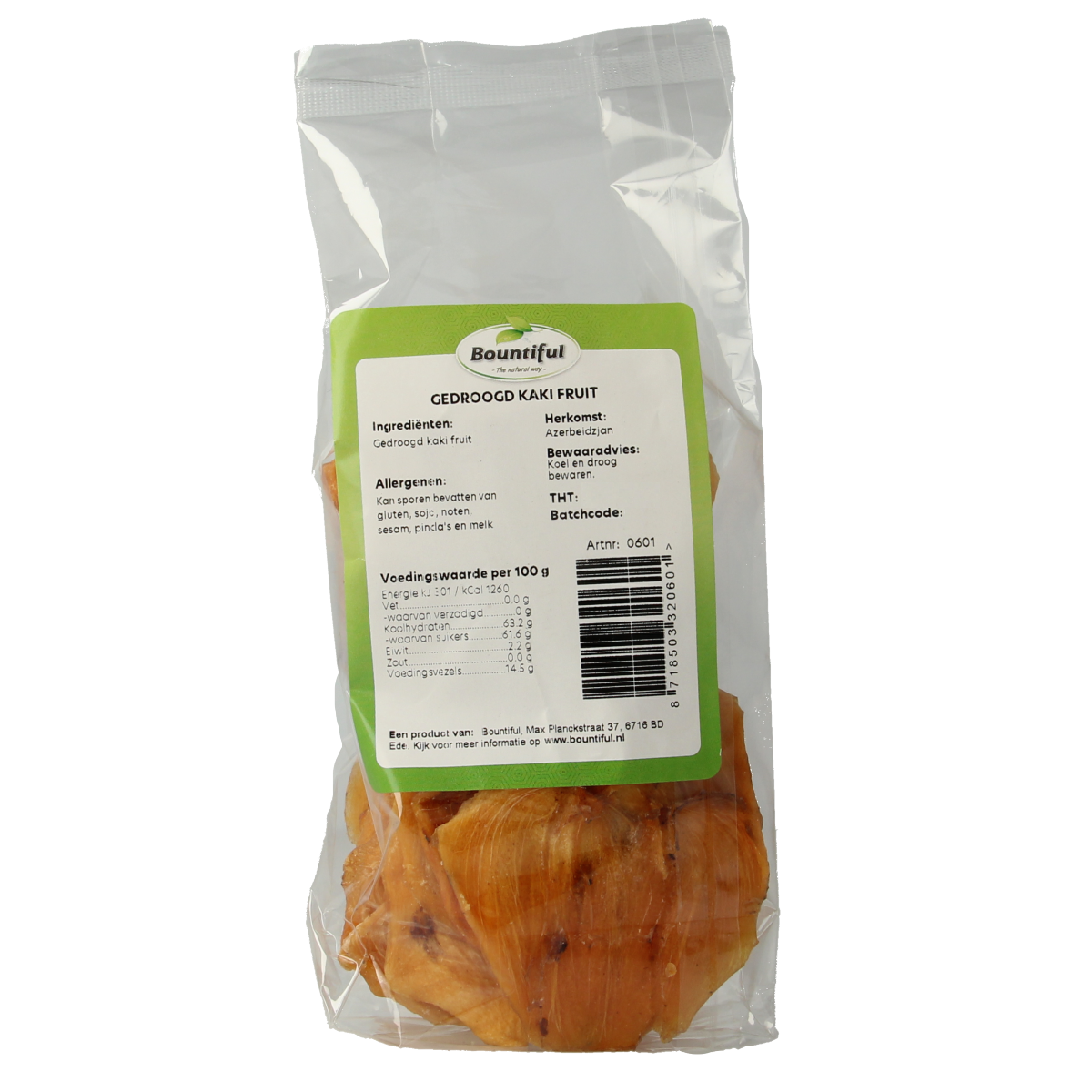 Bountiful dried kaki fruit without added sugar, 200g, showing orange-brown slices of dehydrated kaki on a white background.