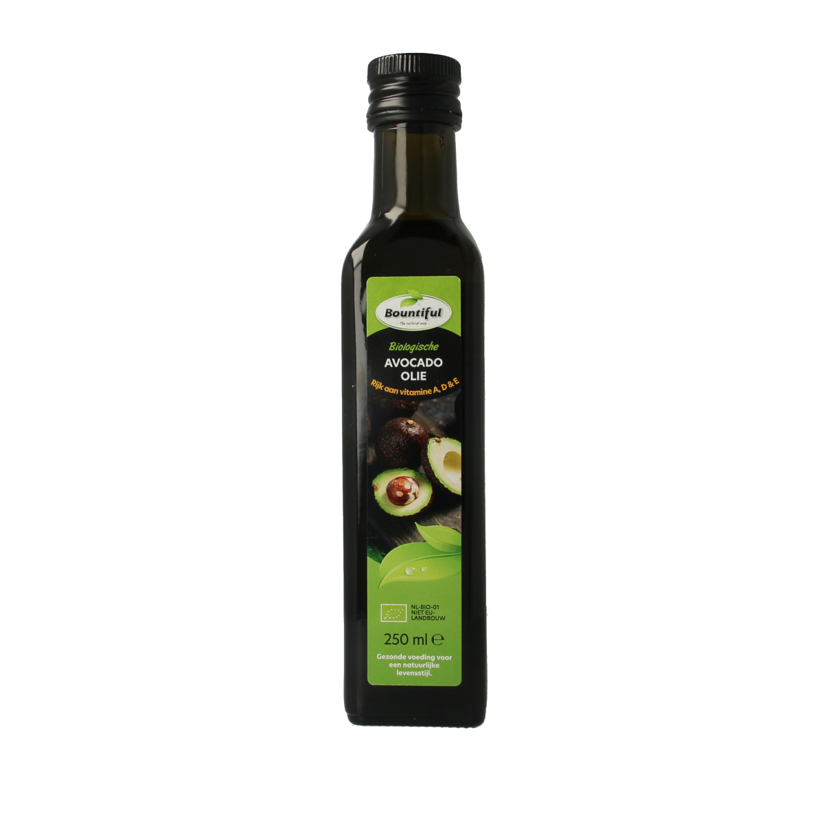 Bountiful organic avocado oil bottle, 250ml, showcasing the golden liquid in a clear glass container.