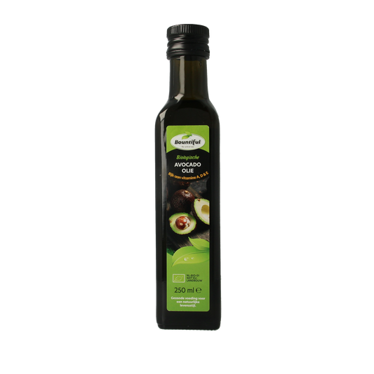 Bountiful organic avocado oil bottle, 250ml, showcasing the golden liquid in a clear glass container.