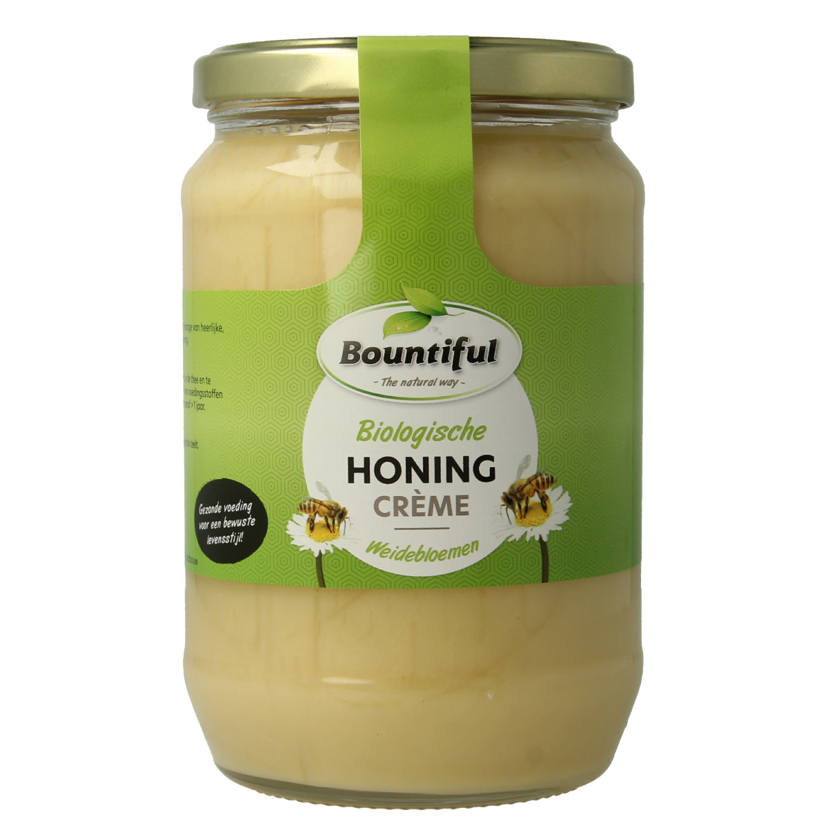 Bountiful Bountiful Honing Weidebloemen creme bio jar with golden honey and floral label, 900 grams, natural organic honey product