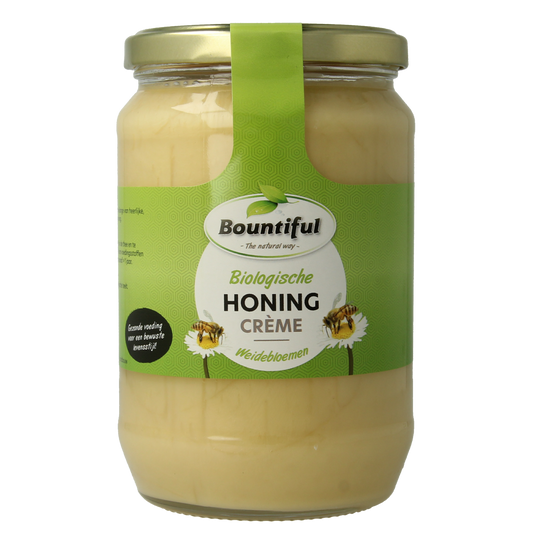 Bountiful Bountiful Honing Weidebloemen creme bio jar with golden honey and floral label, 900 grams, natural organic honey product